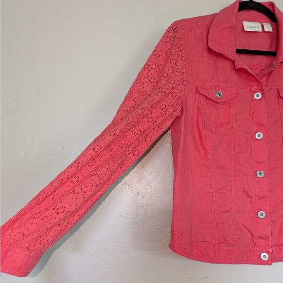 Chicos Jacket Womens‎ Medium Linen Cotton Lace Sleeve Pink Button Down Boho Chic - Picture 3 of 8